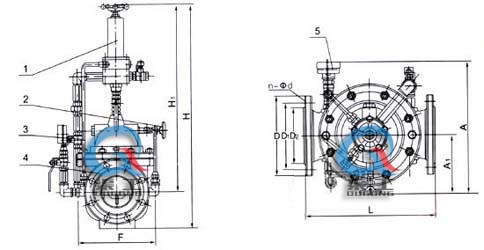 500X持壓泄壓閥 外形結(jié)構(gòu)圖(1、導閥2、針閥3、球閥4、主閥5、壓力表)